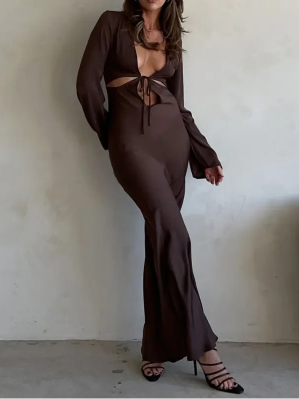 Christopher Esber Inspired Chocolate Brown Cutout Tie-Front Maxi Dress